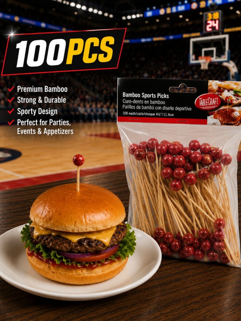 100ct Tablecraft  4.5" Bamboo Basketball Party Picks – Appetizer/Cocktail Skewer